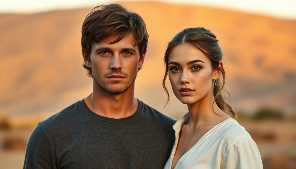 A high-resolution portrait of Dakota and Danilee Norris, the children of legendary martial artist Chuck Norris, set against a warm, golden-hour backdrop. Dakota, a young man with a strong, chiseled jawline, stands tall and proud, his gaze direct and confident. Beside him, his sister Danilee, a stunningly beautiful young woman, exudes a graceful, serene presence, her features delicate and ethereal. The siblings are dressed in casual, yet sophisticated attire, projecting an air of elegance and refinement. Soft, diffused lighting illuminates their faces, highlighting their striking features and creating a sense of timeless beauty. The composition is balanced and harmonious, capturing the strong bond between these two scions of the Norris family legacy.