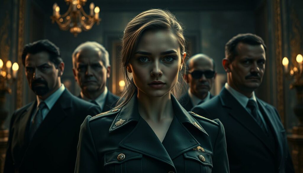 A high-resolution portrait of the key figures in the Kremlin scandal, depicted with a dramatic, cinematic flair. In the foreground, a young woman in her early 20s, with a confident, alluring expression, dressed in a stylish military-inspired outfit. Behind her, the shadowy silhouettes of powerful men in suits, their faces obscured, creating an atmosphere of intrigue and hidden power dynamics. The lighting is moody and atmospheric, with dramatic chiaroscuro effects, emphasizing the tension and gravity of the situation. The background is a dimly lit, ornate Kremlin interior, hinting at the grand scale and historical significance of the scandal. The overall mood is one of high-stakes drama, political intrigue, and the delicate balance of power.