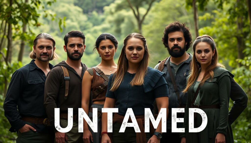 A high-resolution portrait of the main cast of the Netflix series "Untamed", standing together in a natural, outdoor setting. The group is positioned in the foreground, with a lush, verdant forest landscape visible in the background. Soft, diffused lighting illuminates their faces, creating a warm and inviting atmosphere. The actors are dressed in costumes that reflect the aesthetic of the show, and their expressions convey a sense of camaraderie and connection. The composition is balanced and visually striking, drawing the viewer's attention to the individual characters and their roles within the ensemble.