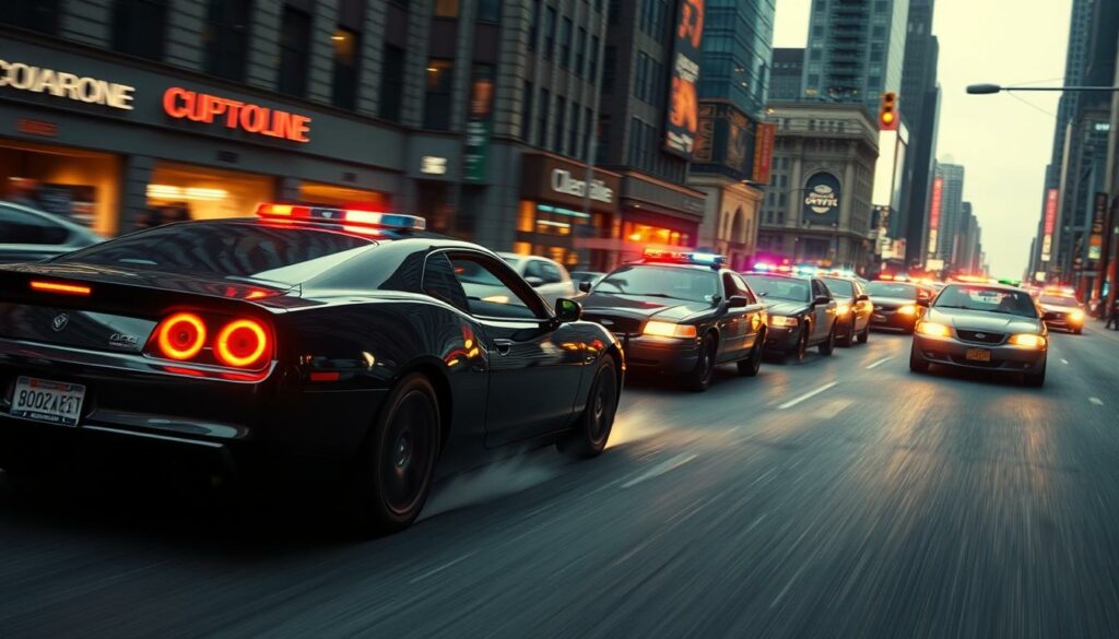 A high-speed police chase through the city streets, sirens blaring and tires screeching. In the foreground, a sleek black getaway car weaves recklessly between traffic, its young driver desperately trying to outmaneuver the pursuing police vehicles. In the middle ground, a fleet of squad cars, lights flashing, close in on the fleeing vehicle, their drivers focused and determined. The background is a blur of towering skyscrapers and neon-lit storefronts, creating a sense of urban chaos and urgency. The scene is tense and dramatic, with a cinematic quality enhanced by dramatic low-angle shots and harsh, contrasty lighting that casts dramatic shadows across the scene.