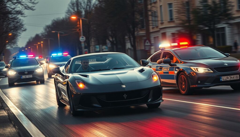 A high-speed police chase through the streets of northern Stuttgart, the sirens blaring, tires screeching as a sleek black getaway car weaves through traffic, desperately trying to evade the pursuing police vehicles. The scene is illuminated by the flashing blue and red lights, casting dramatic shadows across the urban landscape. The camera captures the intense moment from a low angle, conveying the sense of danger and adrenaline. The driver's face is obscured, their focus solely on navigating the winding roads, while the pursuing officers lean out of their car windows, weapons drawn, determined to apprehend the suspect. The overall atmosphere is tense and cinematic, reflecting the gravity of the situation and the high stakes of the Verfolgungsjagd.
