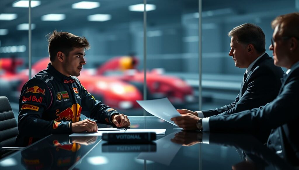 A high-stakes Formula 1 contract negotiation between the reigning world champion Max Verstappen and the Red Bull Racing team. Verstappen, clad in his signature racing suit, sits at a sleek conference table, intently discussing the details with team executives in crisp, tailored suits. The lighting is sharp and dramatic, casting strong shadows that convey the gravity of the situation. The background is a blur of motion, hinting at the fast-paced world of Formula 1. An atmosphere of intensity and high-stakes decision-making permeates the scene, reflecting the internal power struggles and Verstappen's uncertain future with the team.