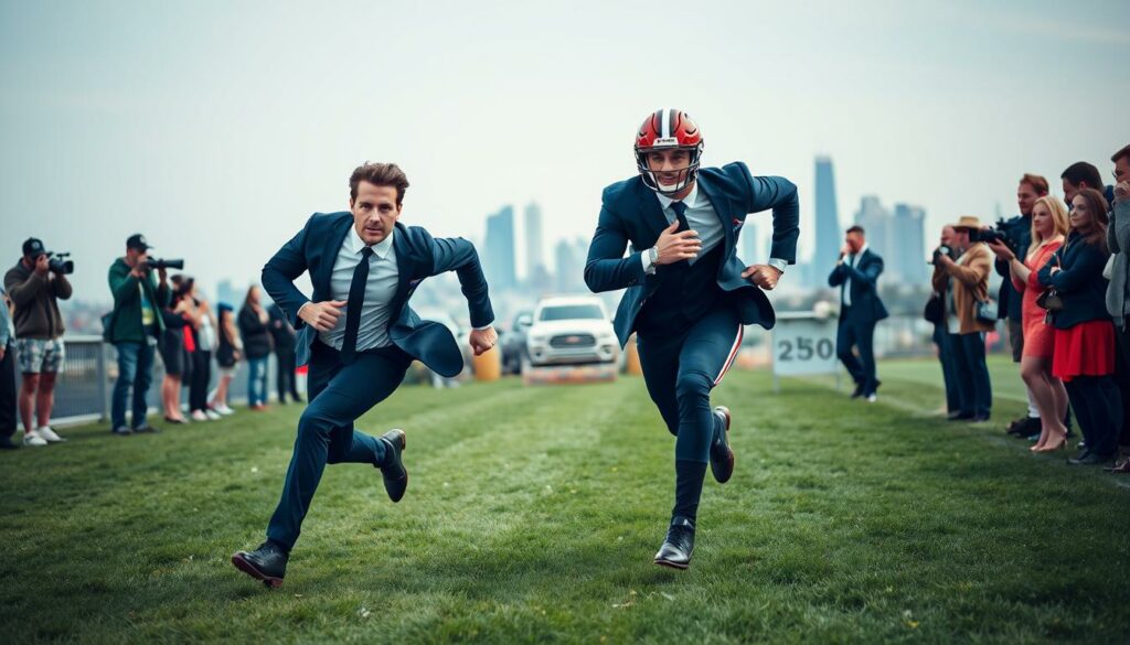 A high-stakes celebrity engagement race, captured in dynamic motion. In the foreground, two dashing men sprint side-by-side, suits pristine, faces determined. One is the renowned actor Bradley Cooper, the other the star NFL player Travis Kelce. They dash across a lush, verdant field, locked in a heated battle to be the first to propose to their beloved. The middle ground depicts the anxious onlookers - paparazzi, fans, and loved ones - their expressions a mix of excitement and anticipation. In the distant background, a picturesque cityscape provides a sophisticated urban backdrop, hinting at the glamour and prestige of this momentous occasion. Crisp, high-contrast lighting accentuates the athletes' muscular forms and the urgency of their race, while a cinematic depth of field focuses the viewer's attention on the central drama unfolding.