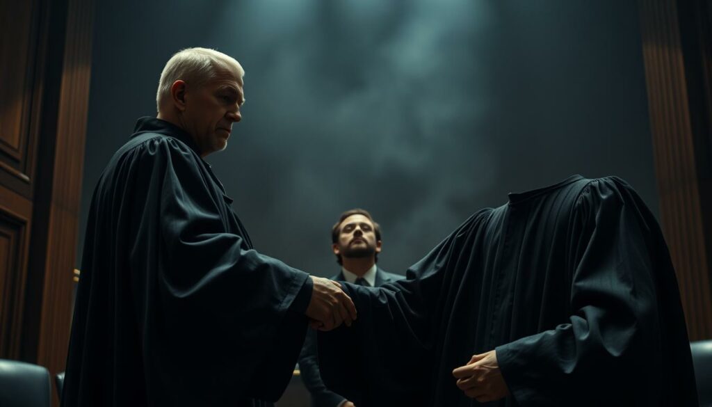 A high-stakes courtroom scene, bathed in a somber, serious tone. In the foreground, a stern-faced judge, draped in a flowing black robe, hands down a heavy sentence, conveying the gravity of the legal consequences faced by the corrupt "Müll-Paten". In the middle ground, the defendant, head bowed, faces the weight of their actions. The background is a hazy, dimly lit courtroom, with wooden paneling and imposing columns, reinforcing the sense of authority and judicial power. The lighting is dramatic, with sharp contrasts, casting dramatic shadows that lend an air of gravity and finality to the proceedings. The overall atmosphere is one of solemn justice being served, a clear warning to those who would abuse positions of trust.