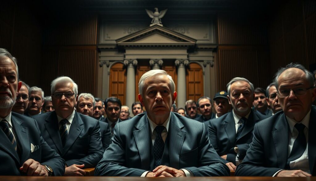 A high-stakes courtroom scene, the defendant Alfons Schuhbeck seated somberly, facing charges of tax evasion and insolvency fraud. Harsh lighting casts dramatic shadows, conveying the gravity of the proceedings. Stern-faced judges and lawyers populate the room, their expressions etched with tension. In the background, the grand architecture of the courthouse looms, a symbol of the justice system Schuhbeck stands before. The atmosphere is one of solemn scrutiny, as the once-celebrated chef's career and reputation hang in the balance. A tense, unsettling mood permeates the frame, hinting at the high stakes and potential consequences of Schuhbeck's legal woes.