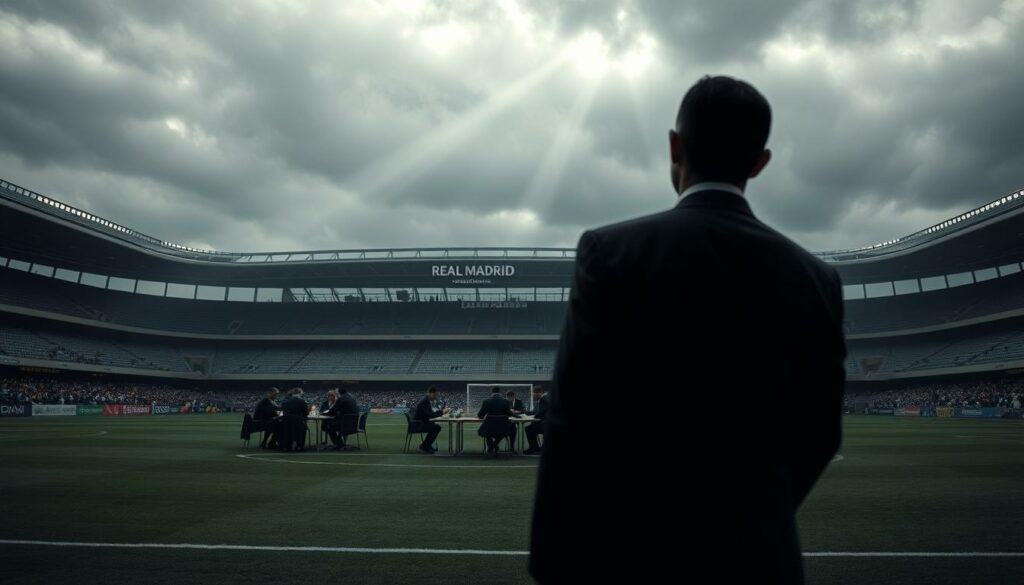 A high-stakes football field under a gloomy, overcast sky. In the foreground, a shadowy figure in a suit, representing the shady financial dealings of Real Madrid. The middle ground shows a group of executives huddled around a table, poring over financial documents, their expressions tense and worried. In the background, the iconic Santiago Bernabéu Stadium looms, its grandeur tarnished by the cloud of scandal. The lighting is dramatic, with shafts of light breaking through the clouds, casting an ominous, foreboding atmosphere. The overall scene conveys the gravity and seriousness of the tax evasion scandal surrounding the renowned football club.