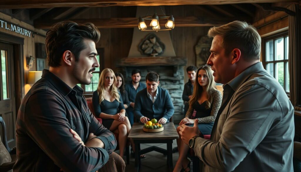 A high-stakes reality TV show set in an idyllic German countryside lodge, where a group of celebrity contestants face off in a web of personal conflicts and dramatic tensions. In the foreground, two bickering stars engaged in a heated confrontation, their expressions filled with animosity. The middle ground reveals a tense ensemble, some trying to mediate the situation while others look on with a mix of concern and anticipation. The background captures the rustic charm of the Forsthaus Rampensau, its weathered wooden beams and cozy fireplace hinting at the domestic setting that belies the simmering interpersonal drama. Dramatic lighting and a moody, cinematic atmosphere heighten the sense of high-stakes interpersonal turmoil.