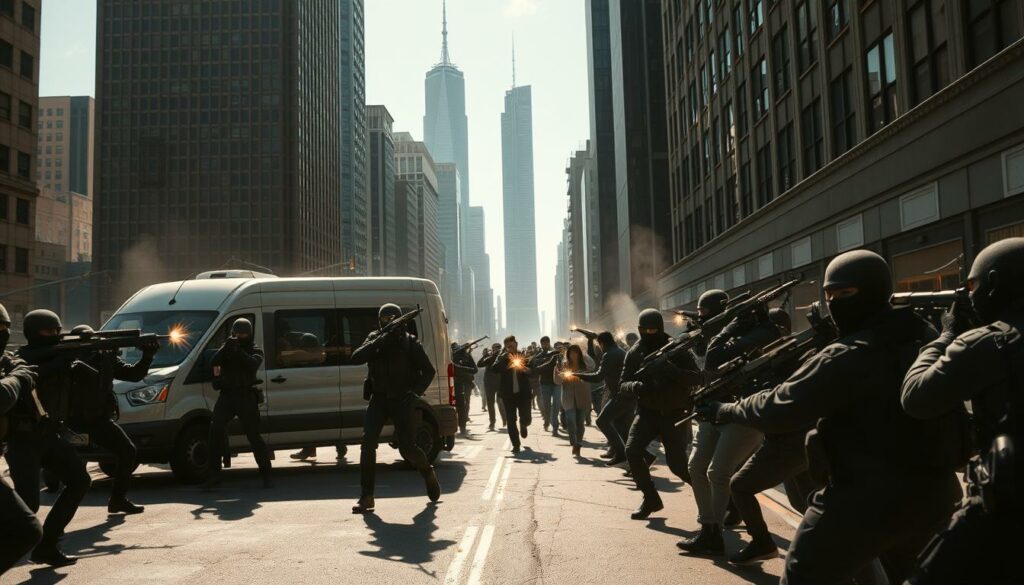 A high-stakes, tense scene unfolds on a city street. In the foreground, a heavily armored cash-in-transit van is surrounded by a swarm of masked, heavily armed assailants. Intense sunlight casts dramatic shadows, amplifying the sense of danger and chaos. In the middle ground, panicked civilians flee for cover as the robbers open fire, their weapons flashing. In the distant background, the towering skyscrapers of a metropolitan skyline loom ominously. The mood is one of visceral action, with a palpable air of danger and the thrill of the heist. The scene is captured through a gritty, cinematic lens, conveying the adrenaline and high stakes of the Überfall.