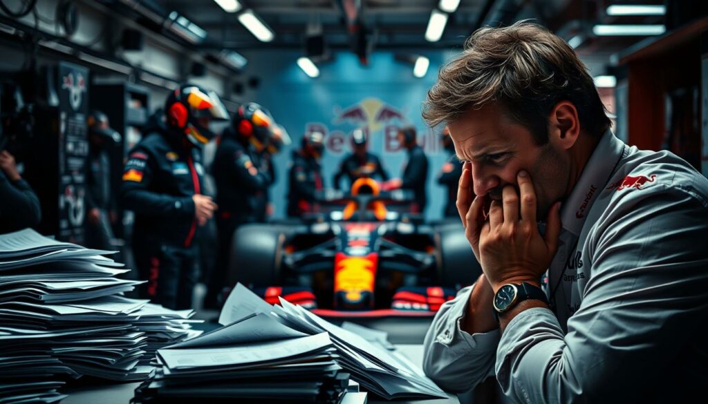 A high-tension Formula 1 scene showcasing Christian Horner engaged in heated internal conflicts. Foreground depicts Horner, head in hands, face etched with stress and frustration, surrounded by piles of papers and documents. Middleground shows his team huddled in tense discussion, gesturing animatedly. Background blurs into the pressurized atmosphere of the Red Bull garage, with technicians rushing about and the iconic F1 car in the shadows. Dramatic studio lighting casts deep shadows, heightening the sense of drama and unease. The overall mood is one of turbulence, pressure, and a brewing storm within the highest echelons of the sport.