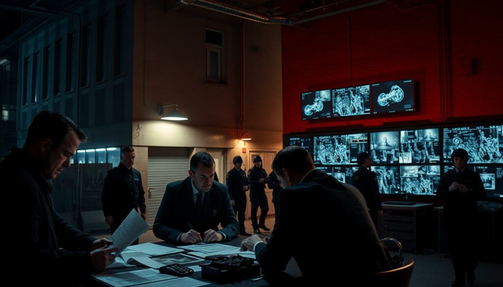 A high-tension scene of a police investigation into suspected terrorism, captured with cinematic realism. In the foreground, a group of serious-faced detectives huddle over a table, poring over documents and evidence. Dim lighting casts dramatic shadows, heightening the sense of urgency. In the middle ground, uniformed officers move with purpose, securing the perimeter of a nondescript urban building. In the background, a wall of monitors displays surveillance footage and data visualizations, illuminating the complex web of connections being unraveled. An atmosphere of intensity and focus permeates the scene, reflecting the gravity of the situation and the high stakes of the "Terrorverdacht Ermittlungen".