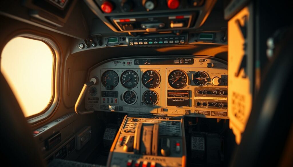 A highly detailed, cross-sectional view of the fuel control switches in the cockpit of an airliner. The switches are rendered with exquisite precision, showcasing their intricate mechanisms and materials. Warm, directional lighting casts dynamic shadows, emphasizing the depth and texture of the components. The scene is captured from a low, orthographic angle, providing a technical, engineering-focused perspective. The background is muted and unobtrusive, allowing the switches to be the sole focus. An atmosphere of careful analysis and investigation pervades the image, in keeping with the examination of the cockpit controls.