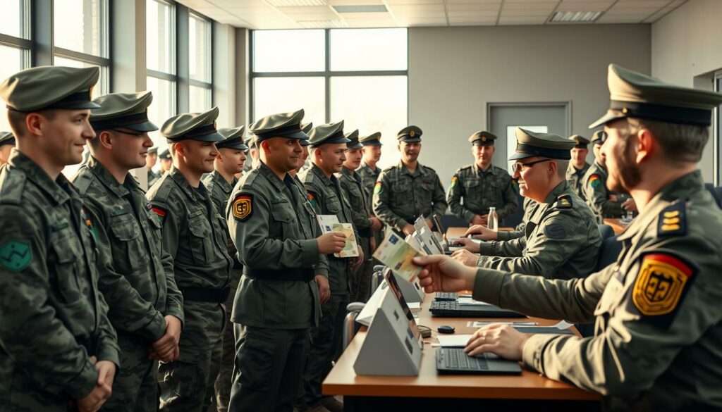 A highly detailed, photorealistic image of German military service members receiving their enlistment bonuses. The scene is set in a well-lit military administrative office, with servicemen in full Bundeswehr uniforms standing in an orderly queue, waiting to speak with uniformed officers seated at desks. The officers are handing over crisp Euro banknotes to the recruits, who appear pleased and motivated. The overall atmosphere conveys a sense of professionalism, order, and the German military's effort to incentivize new enlistments. The lighting is natural, filtering in through large windows, casting a warm glow on the proceedings. The camera angle is slightly elevated, providing a panoramic view of the entire administrative process.