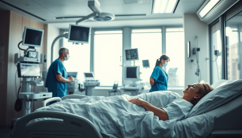 A hospital room bathed in soft, natural light filtering through large windows. In the foreground, a patient resting comfortably in a hospital bed, a look of tranquility on their face as they receive attentive care from a team of dedicated medical professionals. The middle ground showcases the state-of-the-art equipment and technology used to monitor the patient's vital signs and administer treatment. In the background, a soothing, calming atmosphere with muted colors and clean, modern design elements, conveying a sense of safety and healing. The scene evokes a sense of compassion, professionalism, and the dedicated efforts of the medical staff to ensure the patient's well-being during their hospital stay.