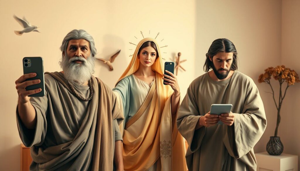 A hyper-realistic group portrait of biblical figures posed as social media influencers, captured in a warm, soft-lit studio setting. In the foreground, a digital-age Moses poses confidently, holding a stylized stone tablet in one hand and a smartphone in the other. Behind him, a radiant Virgin Mary takes a selfie, her halo shimmering. To the side, a thoughtful-looking Jesus scrolls through his feed, fingers poised over a tablet. In the background, subtle references to biblical imagery - a dove, a snake, a burning bush - are woven into the minimalist, contemporary decor, creating a sense of timeless convergence between the sacred and the secular.