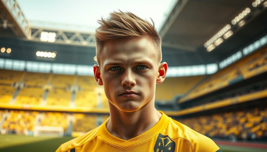 A hyper-realistic portrait of Mikey Moore, the young soccer prodigy, standing confidently on the pitch of Borussia Dortmund's Signal Iduna Park stadium. Mikey's intense gaze and focused expression convey his determination, while the warm, golden lighting highlights his chiseled features and athletic build. The background blurs softly, drawing the viewer's attention to Mikey as the central figure, surrounded by the iconic Dortmund stadium architecture. The scene exudes a sense of potential and opportunity, hinting at Mikey's future with the renowned Bundesliga club.