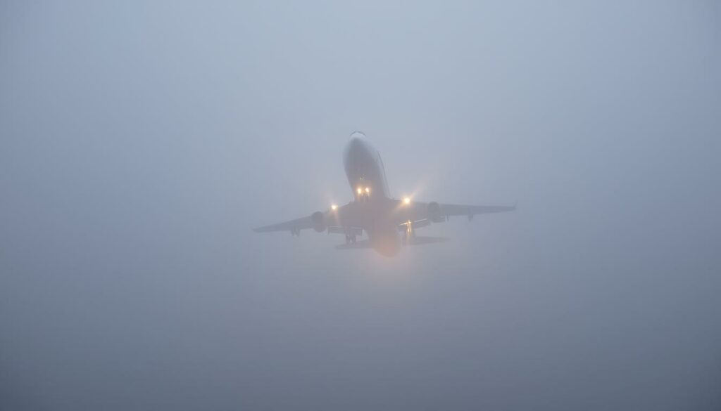 A large Lufthansa Boeing 747 aircraft descending through a thick, low-hanging fog bank during its final approach to a South American airport runway. The jumbo jet's landing lights pierce the hazy gloom, casting an ethereal glow against the muted tones of the foggy sky. The plane's massive silhouette looms ever closer, its wings and fuselage taking shape as it nears the tarmac. The pilot, focused and alert, carefully guides the aircraft down through the opaque, misty atmosphere, preparing for a delicate landing in challenging conditions.