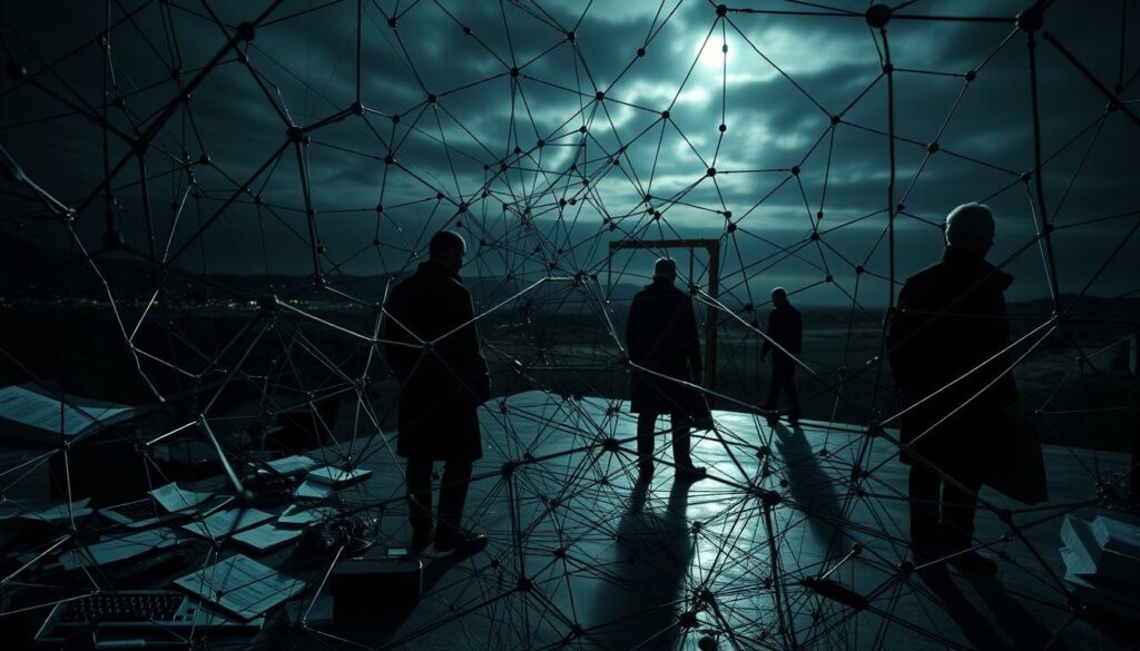 A large, complex network of interconnected nodes and links, representing a sophisticated system of social welfare fraud. The foreground depicts a tangled web of financial transactions, documents, and electronic devices, hinting at the intricate nature of the scheme. The middle ground features shadowy figures and silhouettes, conveying a sense of secrecy and evasion. The background is a dimly lit, ominous landscape, suggesting the far-reaching consequences of this systemic abuse. The lighting is dramatic, with harsh shadows and highlights, creating an atmosphere of tension and unease. The overall composition and cinematic lens angle convey the gravity and scale of the "Systematischer Sozialbetrug Netzwerk".