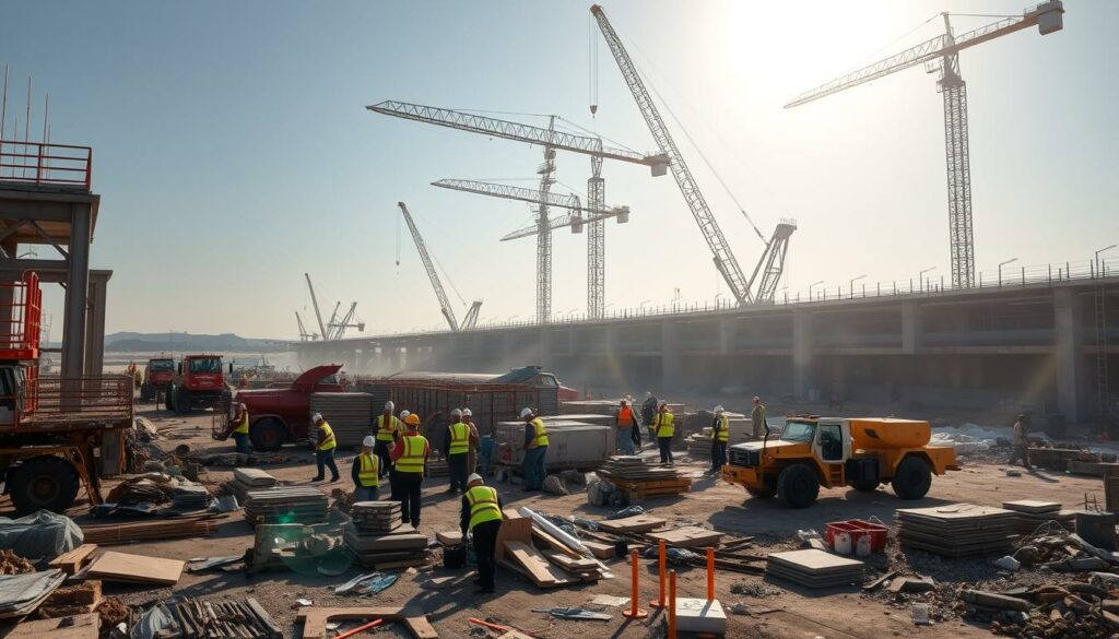 A large construction site at Palma de Mallorca Airport, with workers in high-visibility vests and hard hats diligently working on the infrastructure. Cranes loom in the background, their long arms extending over the busy scene. The ground is cluttered with heavy machinery, piles of construction materials, and debris, creating a sense of organized chaos. Dust motes swirl in the sunlight, adding to the hazy, industrial atmosphere. The focus is on the ongoing work, conveying the sense of a critical repair or renovation project underway at this important transportation hub.