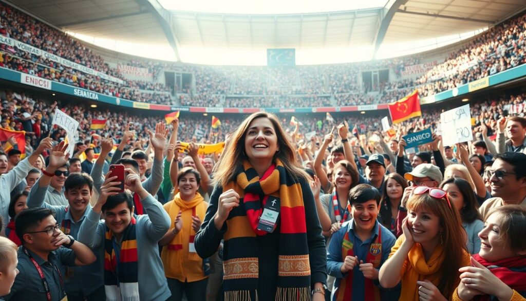 A large crowd of enthusiastic soccer fans passionately supporting a female sports broadcaster taking a much-needed break. The scene depicts a vibrant stadium filled with colorful banners, scarves, and cheering spectators in the stands. The broadcaster, Laura Wontorra, is shown in the middle ground, surrounded by a warm, understanding atmosphere as the fans express their appreciation for her hard work and decision to step away for a while. The lighting is natural, with soft sunlight filtering through the arena, creating a calming, heartfelt mood. The composition emphasizes the connection between the fans and the broadcaster, conveying a sense of community and solidarity.