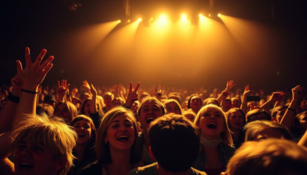 A large crowd of exuberant Oasis fans, their faces alight with joy and fervent adoration, sway and sing along passionately to the iconic Britpop anthems filling the air. The stage is bathed in a warm, golden glow, casting a nostalgic hue over the scene as the audience is lost in a rapturous state of collective euphoria. Tears of joy and sheer emotion spill down flushed cheeks, capturing the raw, unbridled essence of the Oasis concert experience. The fans, a sea of vibrant colors and expressive body language, form the dynamic, immersive foreground, while the dimly lit venue and shadowy silhouettes of the stage setup provide the atmospheric middle and background layers.