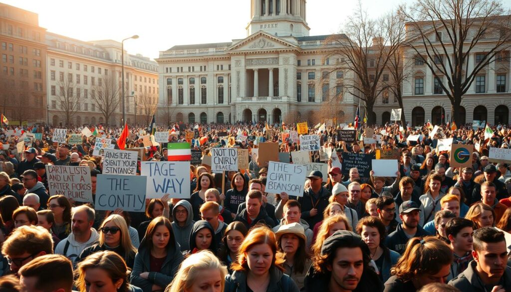 A large crowd of people gathered in a city square, united in a solidarity demonstration. The foreground is filled with a diverse group of individuals holding signs and banners, their faces expressing a range of emotions from determination to compassion. The middle ground features a towering, imposing building in the background, its grand architecture providing a powerful contrast to the human energy of the scene. The lighting is warm and golden, casting a soft, hopeful glow over the entire tableau. The lens captures the scene from a slightly elevated angle, giving a sense of the scale and energy of the event. The overall mood is one of solidarity, community, and a shared commitment to justice and equality.