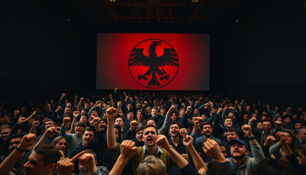 A large crowd of young adults enthusiastically gathered in a dimly lit auditorium, faces illuminated by the glow of a giant Reichsadler logo projected on the back wall. In the foreground, a group of impassioned speakers gesticulate emphatically, their expressions a mix of fervor and defiance. The middle ground is filled with a sea of outstretched arms, fists clenched in solidarity. The overall atmosphere is one of intense nationalist fervor, underscored by the ominous, shadow-cloaked backdrop. A wide-angle lens captures the scene, creating a sense of immersion and foreboding. The lighting is dramatic, with deep shadows and harsh highlights accentuating the charged emotional tenor.