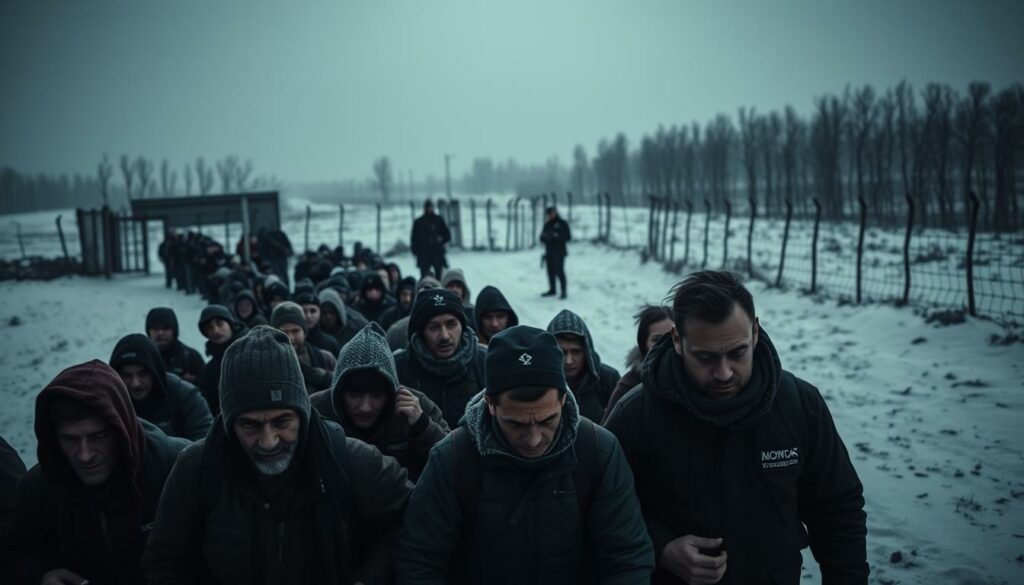 A large group of migrants, exhausted and desperate, trudging through a snowy landscape at the border between Belarus and Poland. Dim, ominous lighting casts long shadows, creating a tense, foreboding atmosphere. In the middle ground, armed border guards watch warily, their uniforms blending into the gray, wintry scene. In the background, barbed wire fences and sparse, bare trees stretch out, symbolizing the harsh, unforgiving conditions. The migrants' faces convey a mix of fear, uncertainty and determination as they navigate this geopolitical flashpoint, caught in a hybrid war of power and control.