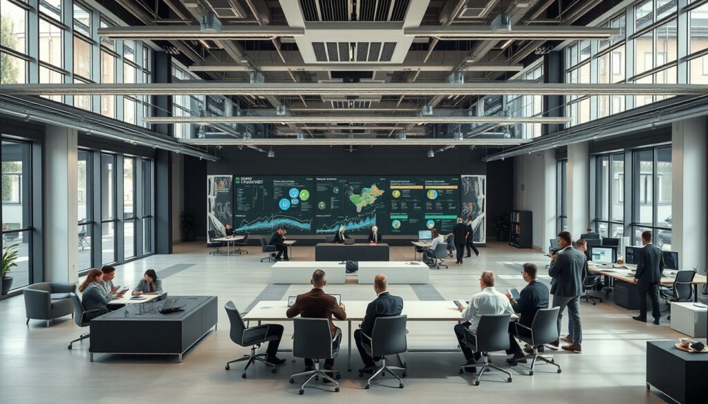 A large, modern corporate office setting with an expansive open-plan layout. In the foreground, a team of business professionals gathered around a conference table, engaged in a lively discussion. Sleek, minimalist furniture and floor-to-ceiling windows flood the space with natural light. The middle ground features several smaller breakout zones, where employees collaborate on project-based work. In the background, a state-of-the-art PMO (Project Management Office) command center, with large displays showcasing real-time project data and progress. The atmosphere is one of focused productivity, with a subtle hint of dynamism and innovation. Capture this scene with a wide-angle lens, emphasizing the scale and scope of the enterprise-level PMO implementation.