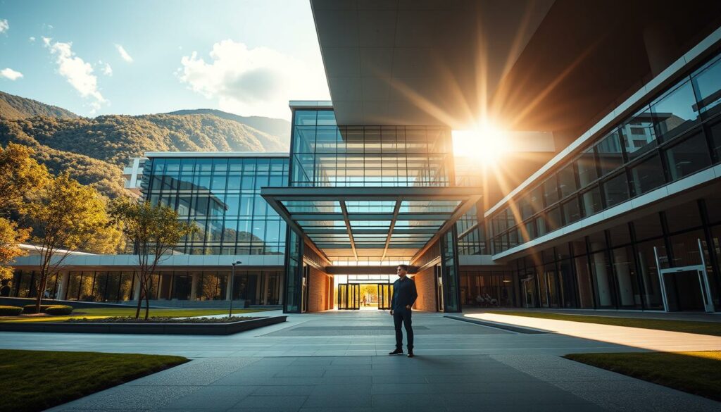 A large, modern hospital building set against a backdrop of lush, verdant hills. The facade is composed of glass and steel, with a sleek, angular design that conveys a sense of advanced medical care. The entryway is framed by a covered walkway, leading visitors into the airy, well-lit lobby. Sunlight filters in through the expansive windows, casting a warm, hopeful glow over the scene. In the foreground, a figure, presumably Heinz Hoenig, stands at the entrance, his posture suggesting a journey of recovery and renewal. The overall atmosphere is one of tranquility, comfort, and the promise of healing.