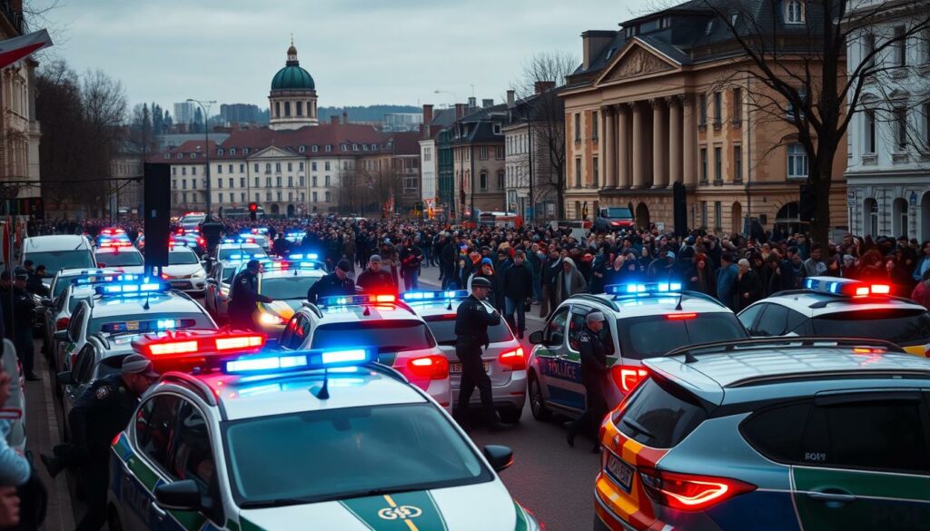 A large-scale police operation in the Gesundbrunnen district of Berlin, with multiple law enforcement vehicles and officers in tactical gear swarming the scene. The foreground is dominated by the flashing lights and sirens of police cars, conveying a sense of urgency and heightened activity. In the middle ground, a crowd of onlookers and bystanders observes the unfolding situation, their expressions a mix of concern and curiosity. The background features the distinctive architecture and urban landscape of the Gesundbrunnen neighborhood, providing context and setting the stage for the dramatic events. The overall mood is one of intensity and high-stakes, with the lighting and camera angles emphasizing the scale and importance of the police operation.