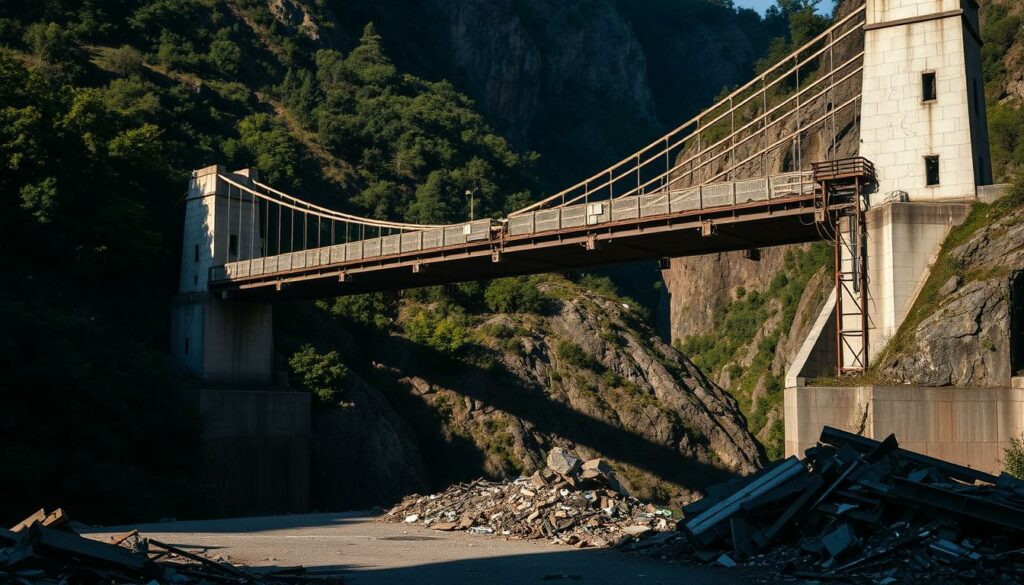 A large suspension bridge in disrepair, with cracks and structural damage visible across the concrete and steel beams. The bridge spans a deep gorge, with lush green foliage and rocky terrain in the background. Dramatic lighting casts long shadows, creating a somber, ominous atmosphere. Piles of rubble and debris litter the ground around the bridge's foundation, hinting at a recent collapse or failure. The scene conveys a sense of neglect and the fragility of aging infrastructure, inviting contemplation of the potential causes and consequences of such a catastrophic event.