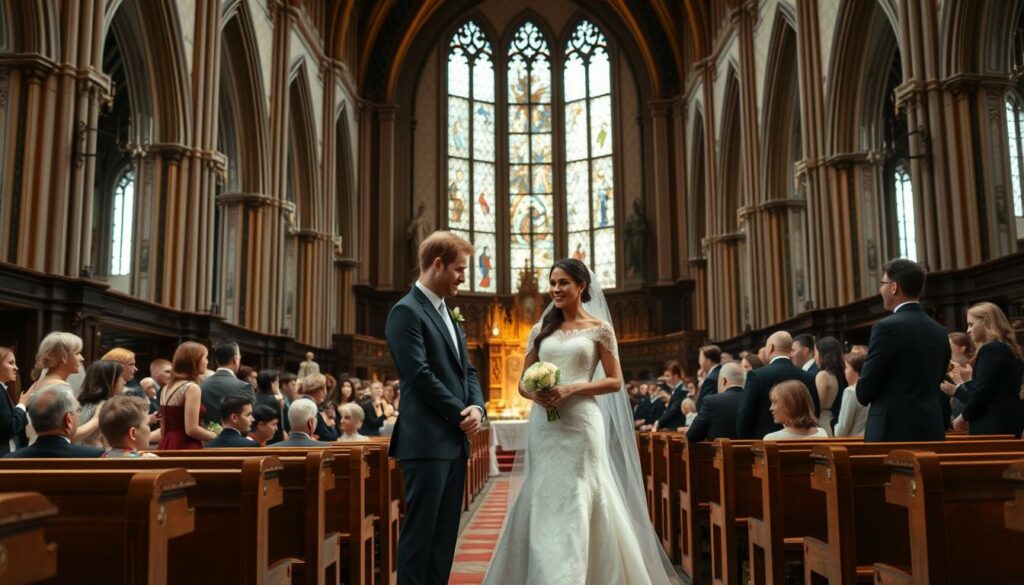 A lavish and elegant wedding scene in a grand cathedral, with tall arched windows illuminating the interior. In the foreground, Prince Harry and Meghan Markle stand at the altar, dressed in a stunning white lace gown and a sharp, tailored suit. Their faces are filled with joy and adoration as they exchange vows, surrounded by rows of wooden pews and a sea of guests in formal attire. The high ceilings and ornate architectural details create a sense of grandeur and tradition, while soft, warm lighting casts a romantic glow over the entire scene. The image captures the essence of a fairytale wedding, a pivotal moment in the lives of the royal couple.