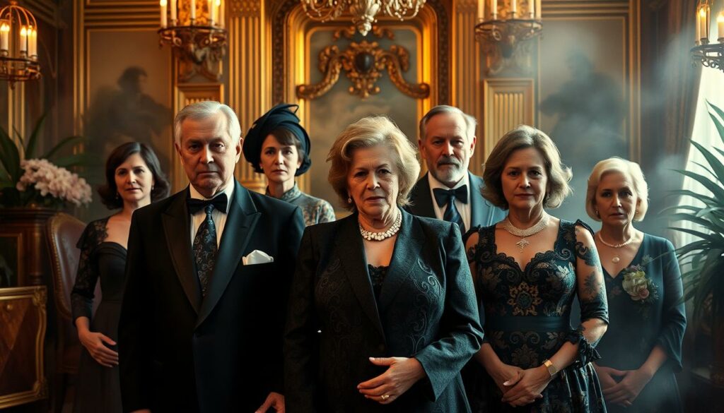 A lavish and opulent family portrait of the Bohlen dynasty, capturing the scandal and controversy that has shrouded their legacy. In the foreground, the patriarch, Dieter Bohlen, and his wife, Estefania, stand amid a lush, decadent setting, their expressions a mix of pride and unease. In the middle ground, their children and grandchildren are depicted, their faces etched with a sense of tension and unease, hinting at the underlying turmoil that has plagued the family. The background is a hazy, dreamlike representation of their vast wealth and influence, with gilded accents and a sense of opulence tinged with a subtle darkness. The lighting is dramatic, casting dramatic shadows and highlighting the complexities of the Bohlen dynasty's public and private lives. The overall atmosphere is one of uneasy grandeur, capturing the essence of the "Skandale der Bohlen Dynastie" in a visually striking manner.