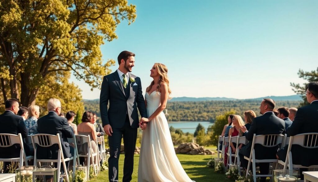 A lavish outdoor wedding ceremony set against a picturesque landscape. In the foreground, the happy couple, Mike Heiter and Leyla Lahouar, stand hand-in-hand, their faces alight with joy. Leyla, in a flowing white gown, her hair cascading in soft waves, gazes lovingly at Mike, who is resplendent in a sleek, tailored suit. The middle ground is dotted with elegantly dressed guests, capturing the celebratory atmosphere. In the background, a stunning natural backdrop unfolds, with verdant trees, a serene lake, and a clear blue sky overhead, all bathed in the warm, golden light of the sun. The scene exudes a sense of pure bliss and the deep connection between the newlyweds.