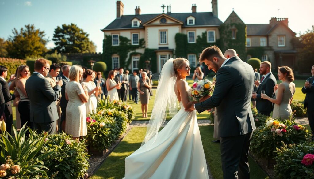 A lavish, sun-drenched garden wedding scene. In the foreground, a newlywed couple embraces, their elegant attire and joyful expressions exuding a sense of celebration. The bride's flowing white gown cascades elegantly, while the groom's tailored suit creates a dashing silhouette. Around them, lush greenery and vibrant floral arrangements adorn the scene, adding a sense of romantic ambiance. The middle ground features stylishly dressed guests mingling and toasting the happy couple, their laughter and conversation creating a palpable atmosphere of merriment. In the background, a magnificent manor house or historical venue serves as the picturesque backdrop, its grand architecture and manicured landscape setting the stage for this momentous occasion. Warm, golden sunlight bathes the entire scene, imbuing it with a sense of timeless elegance and joy.