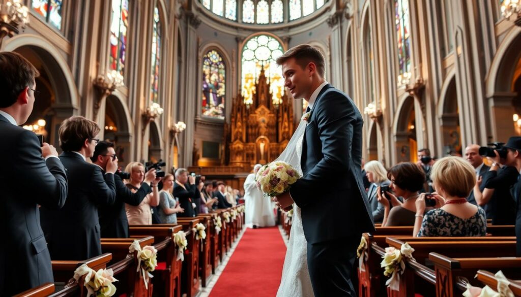 A lavish wedding ceremony in a grand cathedral, with sunlight streaming through stained glass windows. Bastian Schweinsteiger, in a crisp, tailored suit, stands at the altar, his eyes fixed on his radiant bride, Ana Ivanović, in a flowing, lace-trimmed gown. Guests in formal attire fill the pews, capturing the moment with cameras. The couple's joy and love are palpable, captured in their embrace and the adoring looks they exchange. A sense of celebration and timelessness permeates the scene, reflecting the public's fascination with their high-profile relationship.