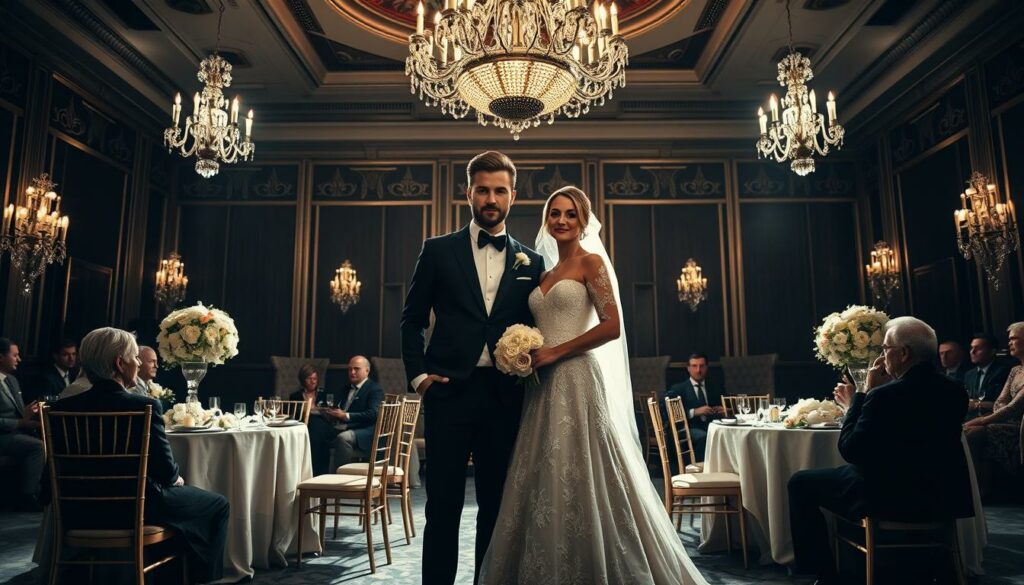 A lavish wedding reception in a grand ballroom, the newlyweds Brooklyn and Nicola Peltz Beckham standing proudly in the center, surrounded by their family. Dramatic chiaroscuro lighting casts dramatic shadows, creating an atmosphere of tension and unease. In the background, the groom's brothers David and Romeo, their faces clouded with disapproval, create a palpable rift. The scene exudes a sense of historical conflict, a family divide that has simmered for years, now bubbling to the surface on this celebratory occasion. Elegant details in the ornate decor and the bride's couture gown belie the underlying discord. This is a moment of high drama, a visual metaphor for the "Historische Konflikte" that have come to define the Beckham clan.