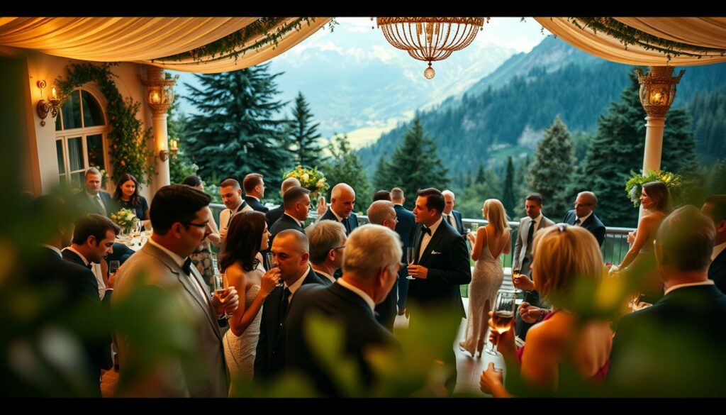 A lavish wedding reception in a picturesque Südtirol villa, surrounded by lush greenery and a breathtaking alpine backdrop. Prominent guests dressed in their finest attire mingle elegantly, sipping champagne and exchanging lively conversations. The scene is captured through a cinematic wide-angle lens, bathed in warm, golden lighting that accentuates the opulence and exclusivity of the event. Subtle depth of field blur frames the central focus, drawing the viewer's attention to the sophisticated, high-profile attendees at this celebrity-studded celebration.