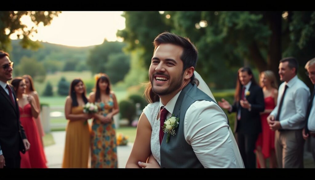 A lighthearted wedding scene between Leyla Lahouar and Mike Heiter, captured with a warm, cinematic lens. In the foreground, the newlyweds share a joyful embrace, their faces alight with laughter. The middle ground showcases the wedding party, guests adorned in colorful attire, reflecting the celebratory mood. In the background, a picturesque outdoor setting with lush greenery and a hint of a sunset sky, creating a cozy, intimate atmosphere. The lighting is soft and diffused, accentuating the couple's radiant expressions. An overall sense of playfulness and genuine happiness permeates the image, reflecting the section's title "Leyla and Mike take it with humor."