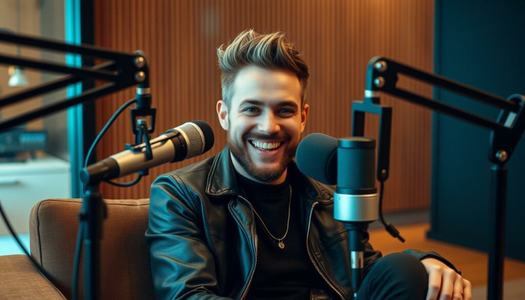 A lively and humorous podcast recording session with Bill Kaulitz, the charismatic lead singer of the German band Tokio Hotel. Kaulitz sits comfortably in a sleek, modern studio, surrounded by state-of-the-art microphones and audio equipment. His face is animated as he enthusiastically shares amusing anecdotes and personal revelations, conveying a sense of openness and playfulness. The lighting is warm and flattering, casting a soft glow on Kaulitz's distinctive features. The background is blurred, keeping the focus on the podcast host and his engaging performance. An intimate and authentic atmosphere pervades the scene, hinting at the candid and entertaining nature of the podcast's content.