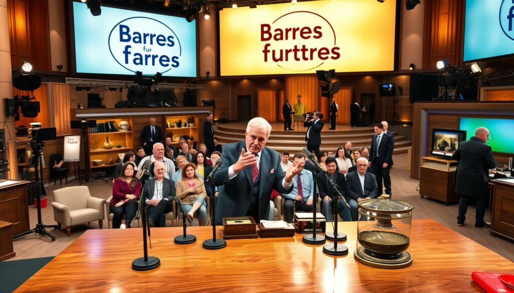 A lively, bustling TV studio set depicting the popular German antique appraisal show "Bares für Rares". In the foreground, a well-lit stage with a glossy wooden table, microphones, and a stylish host, Horst Lichter, gesturing animatedly as he examines a vintage item. In the middle ground, a studio audience seated in comfortable chairs, their faces rapt with interest. The background showcases a large, brightly-lit backdrop with the iconic "Bares für Rares" logo, along with various production equipment and crew members moving about purposefully. The overall atmosphere exudes an air of excitement, professionalism, and the thrill of uncovering valuable antiques. Warm, golden lighting enhances the welcoming, engaging nature of the scene.
