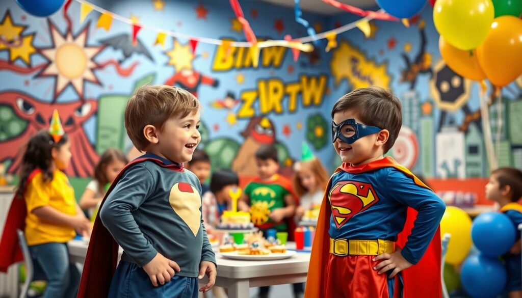 A lively, colorful party scene of a Superhero-themed kindergarten birthday celebration. In the foreground, two young children dressed as superheroes engage in playful banter, their faces alight with excitement. The middle ground features a group of their friends in matching costumes, gathered around a table laden with birthday treats and decorations. In the background, the walls are adorned with vibrant superhero-inspired murals, casting a dynamic, energetic glow over the festivities. Soft, diffused lighting illuminates the joyful atmosphere, as streamers and balloons add pops of primary color. The overall composition conveys the boundless energy and imagination of young children at play.