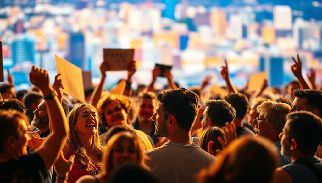 A lively crowd of people, divided in their opinions, stands before a vibrant backdrop. In the foreground, enthusiastic fans, faces alight with admiration, hold up signs and cheer. In the middle ground, a mix of supporters and critics engage in animated discussions, gesticulating passionately. The background is a blurred, colorful cityscape, hinting at the broader societal context. Warm, directional lighting casts dramatic shadows, emphasizing the intensity of the scene. The overall atmosphere is one of spirited debate, capturing the polarized reactions to the subject of the article.