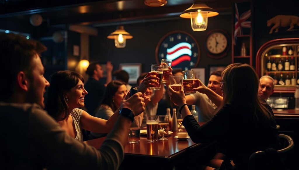 A lively junggesellenabschied celebration in a dimly lit bar, with a group of friends gathered around a table, raising their glasses in a toast. The foreground features the partygoers' animated expressions and gestures, capturing the festive atmosphere. In the middle ground, the bar's vintage decor, including a well-stocked bar and dim lighting, creates a cozy and intimate setting. The background blurs out, hinting at the larger crowd and lively music filling the space. The scene is shot with a shallow depth of field, emphasizing the focal point of the revelers and their celebratory mood. The overall image conveys the excitement and camaraderie of a traditional junggesellenabschied, reflecting the section's title "Die Beteiligten und ihre Reaktionen".