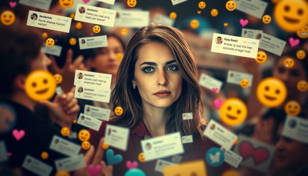 A lively social media debate surrounding Anna-Maria Ferchichi, the center of attention. In the foreground, a swirling digital landscape of comments, reactions, and emojis, reflecting the passionate fan responses to her controversial actions. In the middle ground, a portrait of Anna-Maria, her expression pensive, caught in the midst of the online storm. The background fades into a blurred, ethereal realm, symbolizing the far-reaching impact of her decisions on the digital sphere. Warm, soft lighting illuminates the scene, creating a contemplative atmosphere. Captured through a medium-wide lens, the composition draws the viewer into the heart of the ongoing discussion.