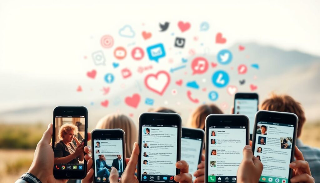 A lively social media discussion on dating preferences unfolds, with users passionately sharing their views. In the foreground, a collage of smartphone screens displays a heated exchange of diverse opinions, conveying the vibrant, fast-paced nature of online discourse. The middle ground features an abstract swirl of social media icons, hashtags, and interaction elements, suggesting the pervasive influence of digital platforms on modern relationships. The background is a blurred, minimalist landscape, allowing the viewer to focus on the central drama unfolding on the screens. Soft, warm lighting creates an inviting atmosphere, while a slightly tilted camera angle adds a dynamic, immersive feel to the scene.