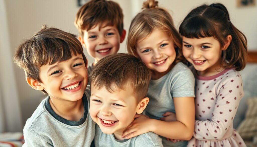 A loving family portrait of Jörg Pilawa's four children, captured in a warm, natural light. The kids, two boys and two girls, are gathered together in a cozy, inviting setting, their expressions brimming with joy and laughter. In the foreground, the eldest child, a charismatic boy, engages his siblings with a playful, mischievous grin. The middle children, a boy and a girl, stand close, their arms intertwined, radiating a sense of sibling bond. In the background, the youngest, a bright-eyed girl, peers out with a captivating, innocent smile. The overall composition is balanced, with the subjects positioned in a dynamic, organic arrangement that highlights their familial connection and the warmth of their relationship.
