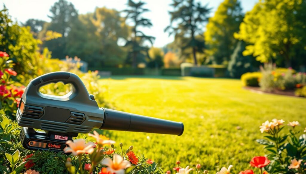 A lush garden scene, with a cordless Einhell garden leaf blower prominently featured in the foreground. The device, with its sleek and ergonomic design, stands out against a backdrop of vibrant green foliage and blooming flowers. Soft, warm lighting filters through the scene, casting a golden glow and creating a sense of tranquility. In the middle ground, a well-manicured lawn stretches out, inviting the viewer to imagine the satisfying task of clearing autumn leaves with the powerful, yet efficient Einhell blower. The background is filled with towering trees and a clear blue sky, creating a serene and picturesque outdoor setting perfect for this Garten & Outdoor Deal.