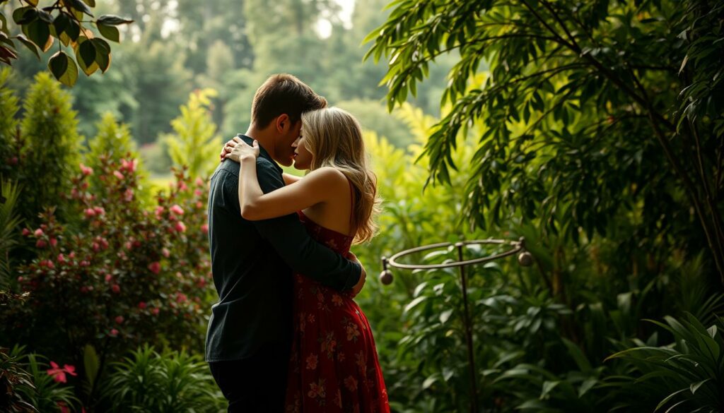 A lush, verdant garden backdrop sets the stage for a captivating reality TV-inspired scene. In the foreground, two individuals, a man and a woman, engage in a passionate embrace, their bodies intertwined against the natural splendor. Soft, warm lighting casts a romantic glow, emphasizing the intimacy and emotional intensity of their connection. The camera's angle, slightly elevated, allows the viewer to observe the unfolding drama with a sense of voyeuristic intimacy, as if peering into a private moment. The overall mood evokes the thrill and uncertainty of finding love in the public eye, a reflection of the challenges and triumphs faced by the Bachelor protagonist, Daniel Völz, in his search for his soulmate.