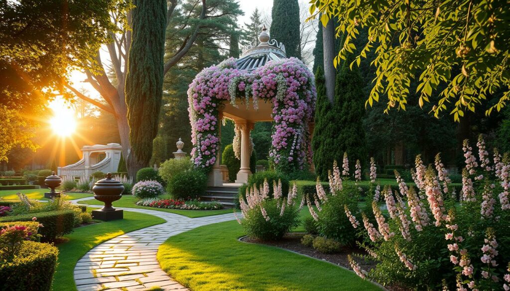 A lush, verdant garden in full bloom, the sun's warm glow casting a soft, golden light across the scene. In the center, a stately, ornate pavilion with intricate architectural details, its columns and arches draped in a cascade of vibrant, flowering vines. In the foreground, a winding stone path leads the viewer's eye, inviting them to explore this tranquil oasis. Towering trees and shrubbery frame the edges, creating a sense of depth and enclosure, while delicate petals dance on the gentle breeze. The overall atmosphere is one of serene beauty, a place of contemplation and reflection, where the passage of time seems to slow.